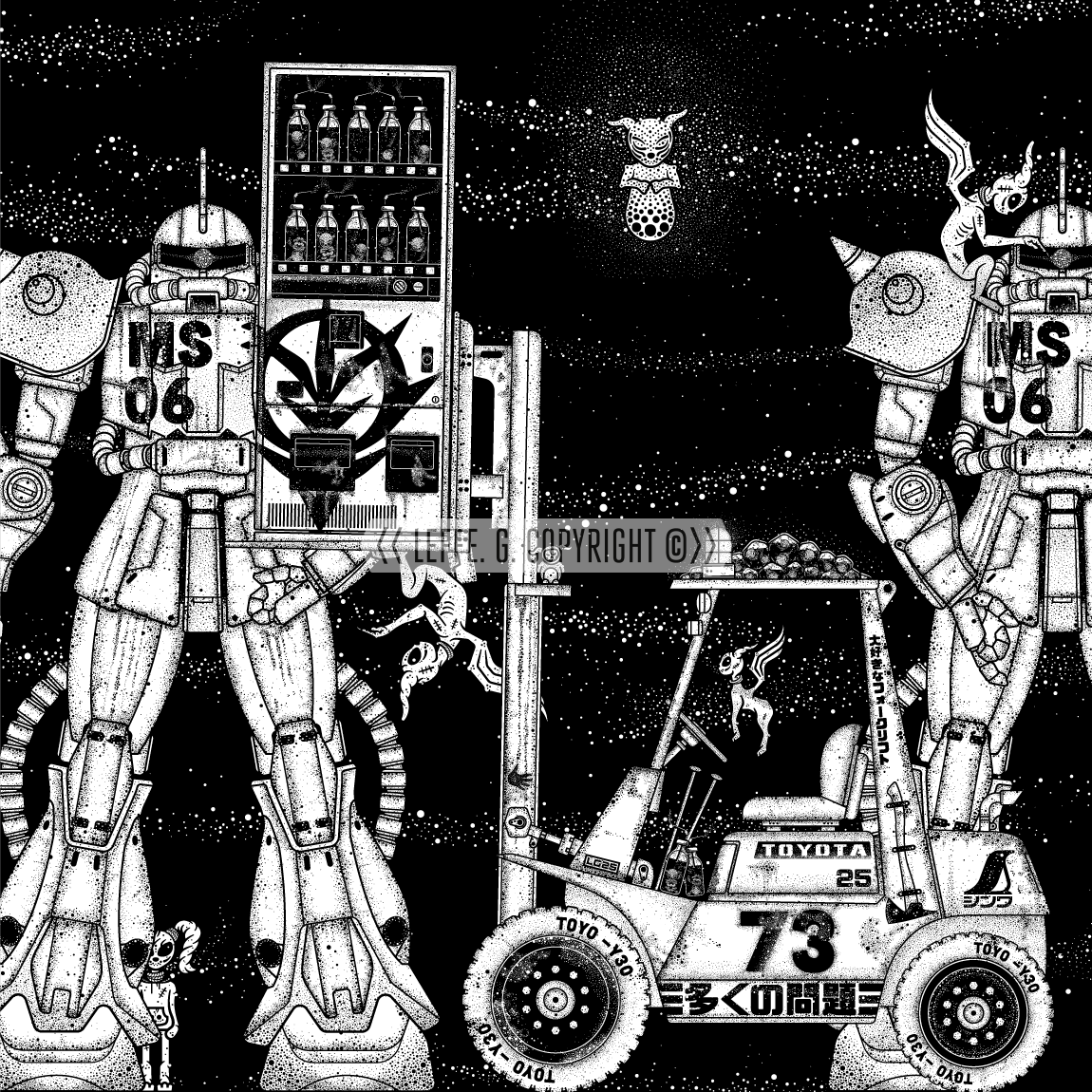 Dreaming Demons: Zaku, Robot, Gundam, Forklift, Shipping crane Giclée print by Leffe Goldstein. アートプリント。